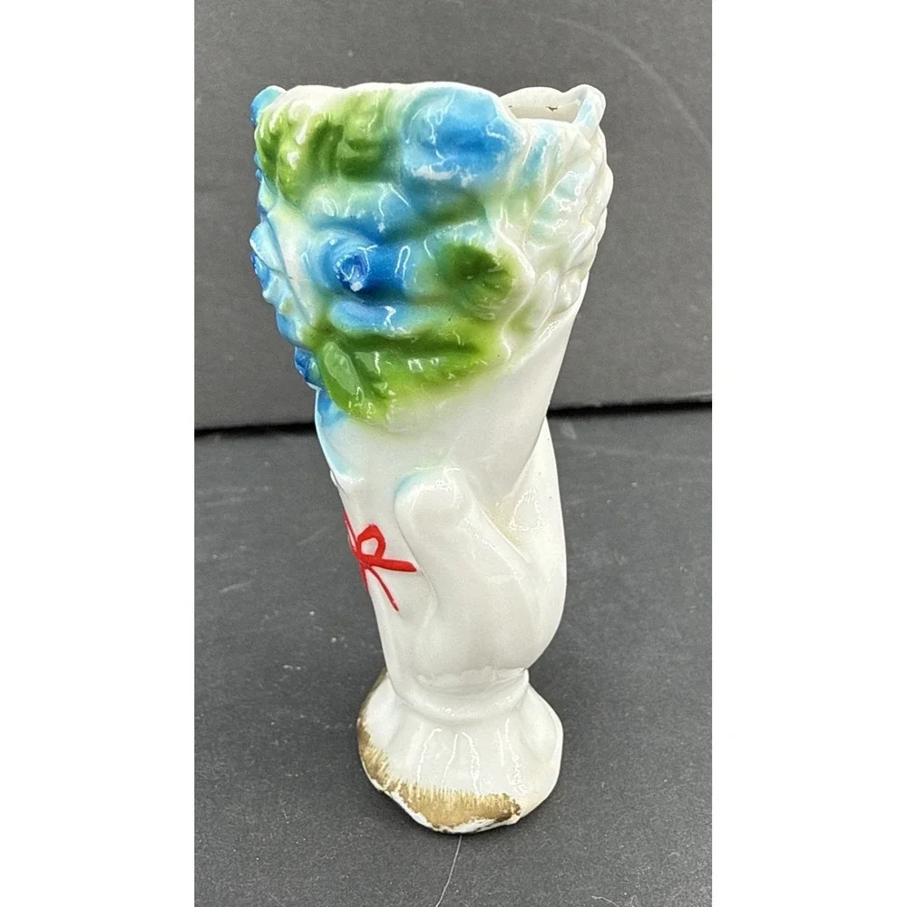 Vintage‎ 1940's Blue Rose Hand Bud vase Match Stick Holder Japan 3